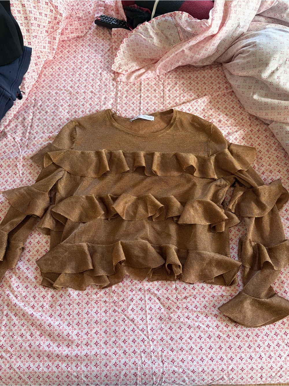 Zara brown ruffled long sleeve blouse